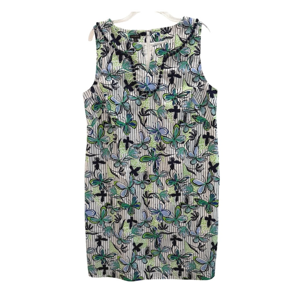 Talbots Womens Butterfly Stripe Cotton‎ Shift Dress Green Blue Pom Pom Trim 14